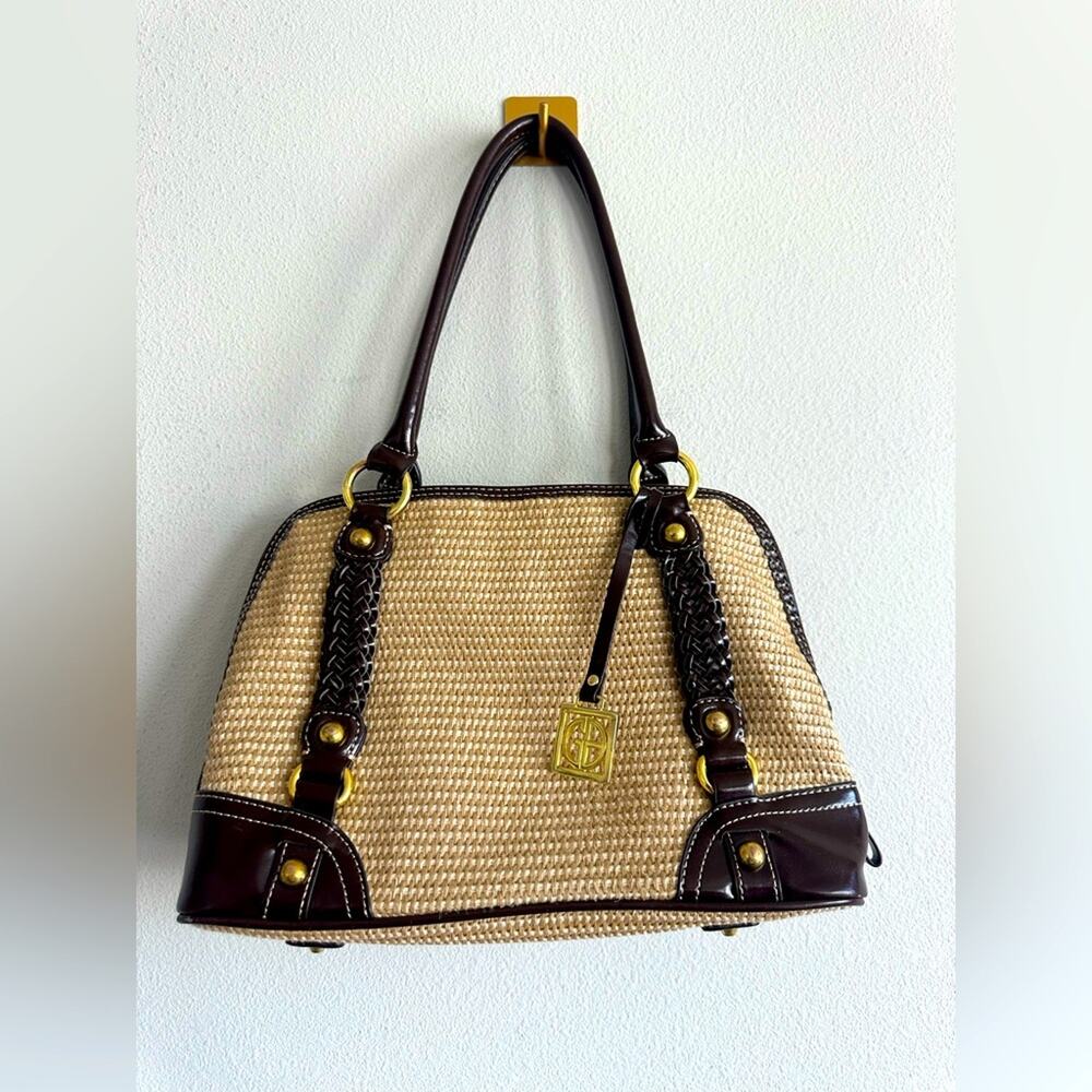 Giani Bernini Woven Satchel Tote Brown Leather Trim Braided Handles Woven Bag